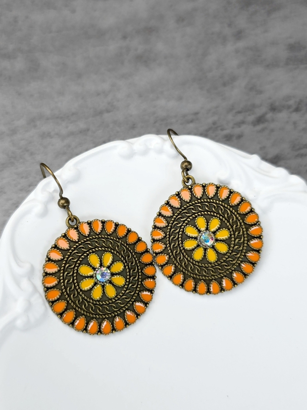 Boho Floral Sphere Earrings Bronze Dangle Jewelry Orange Bronze